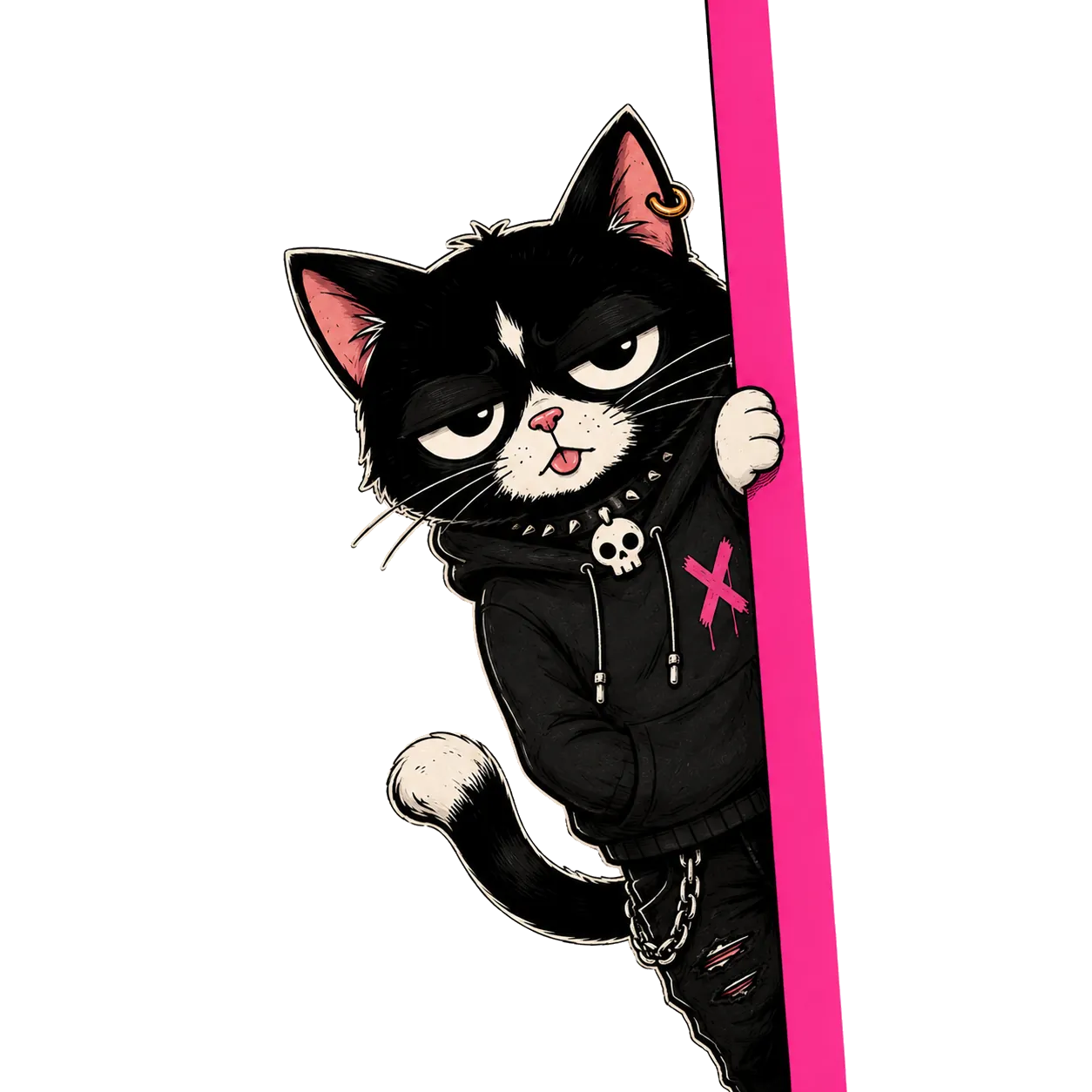 Cat Niko leaning casually in a black punk hoodie
