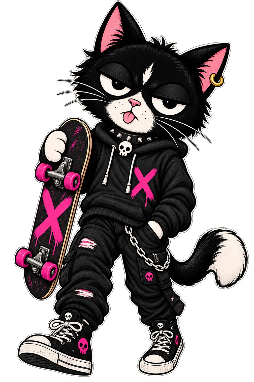 Cat Niko standing with a hot-pink skateboard