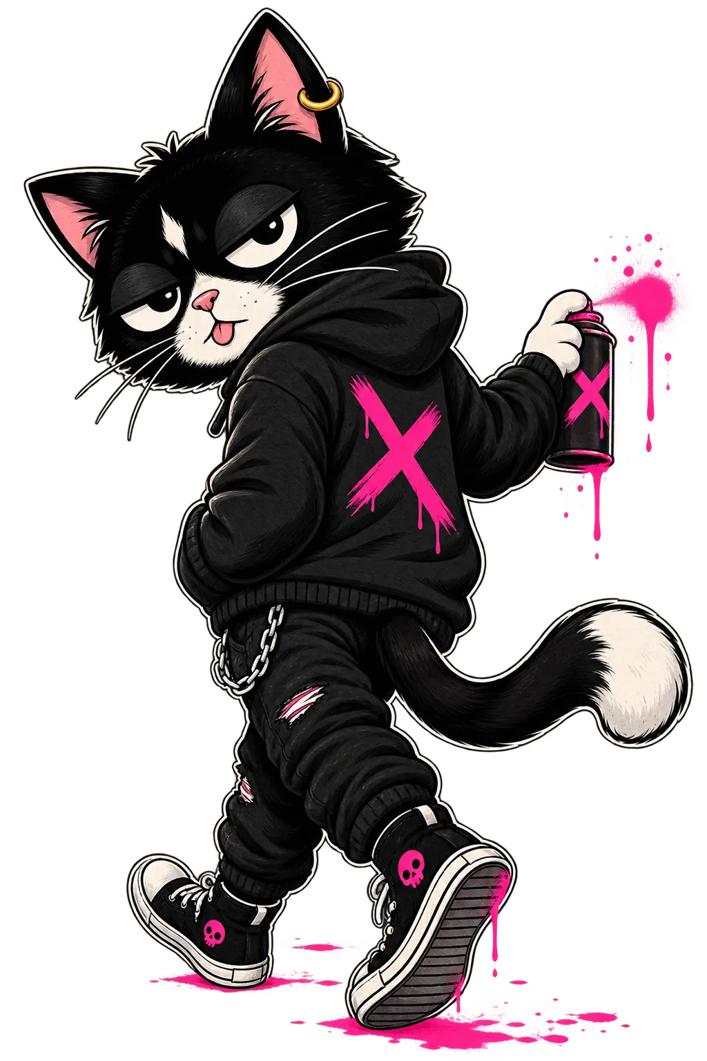 Cat Niko walking away with a hot-pink spray can