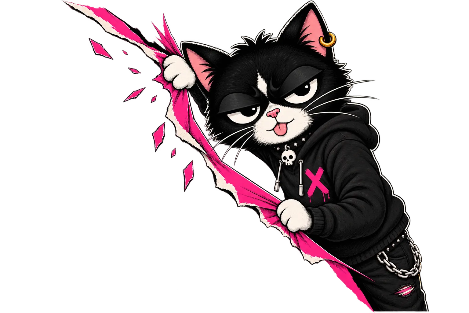 Cat Niko peeking around a hot-pink panel